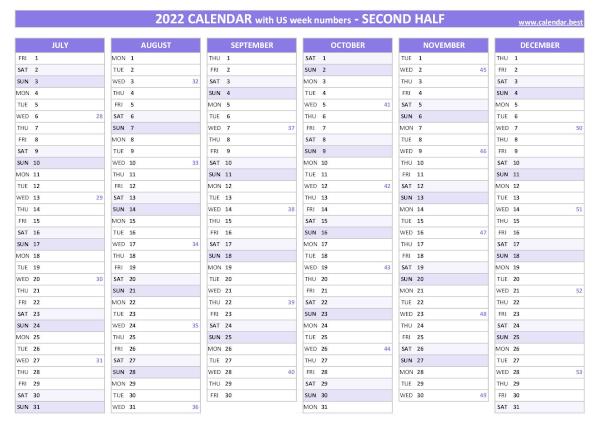 2nd half 2022 calendar with week numbers to print, purple template Second half year calendar 2022 with week numbers