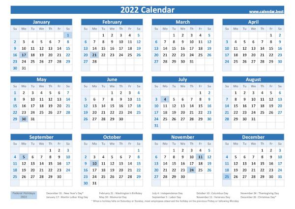 Printable 2022 yearly calendar with federal holidays, free dowload in pdf or jpg, blue template. 2022 calendar with holidays