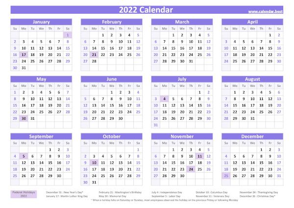 2022 Calendar With Holidays (Us Federal Holidays)