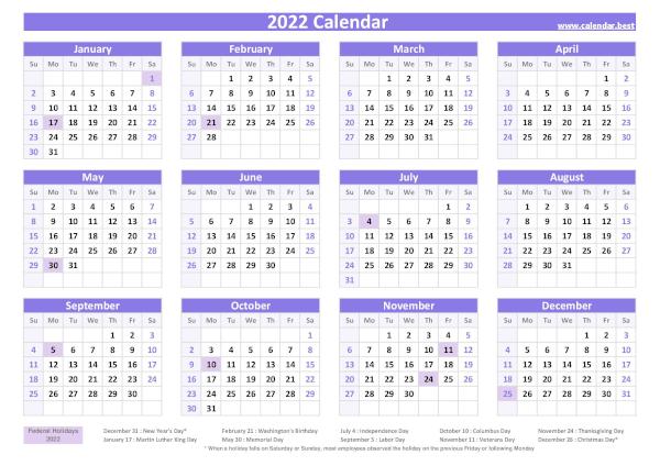 2022 calendar with holidays (US Federal Holidays) 2022 calendar with holidays (US Federal Holidays)