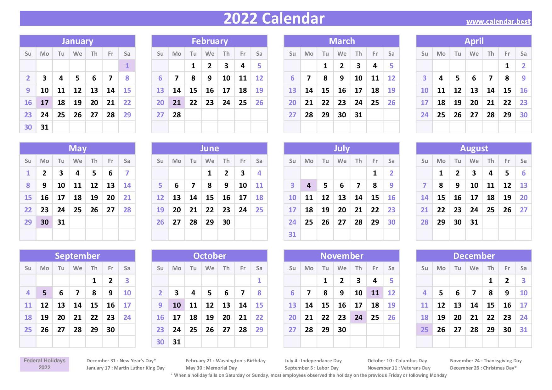 2022 Calendar With Holidays (Us Federal Holidays)