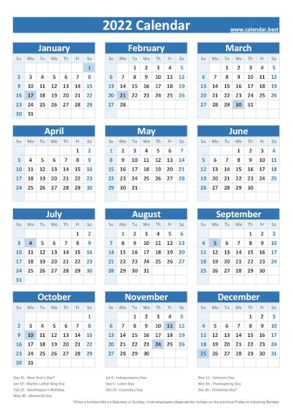 2022 calendar with holidays, blue template