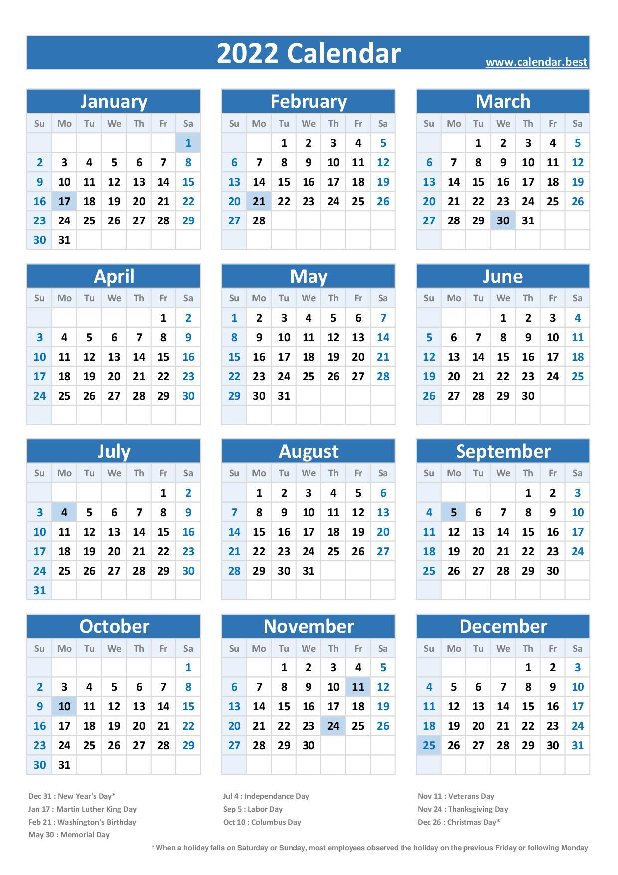 Printable 2022 Calendar With Us Holidays 2022 Calendar With Holidays (Us Federal Holidays)