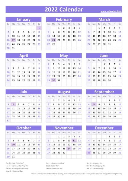 2022 calendar with holidays, purple template