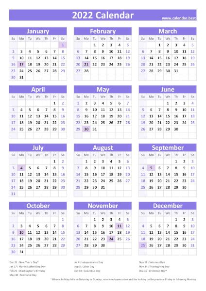 Printable 2022 calendar with holidays, free dowload in pdf or jpg, portrait format, purple template. 2022 calendar with holidays, purple template