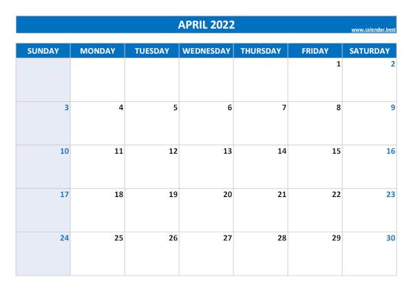 April 2022 printable calendar