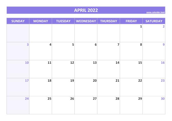 Blank monthly calendar : April 2022