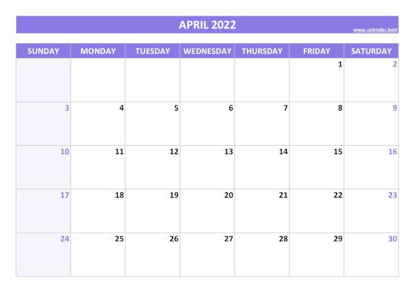 April 2022 printable calendar