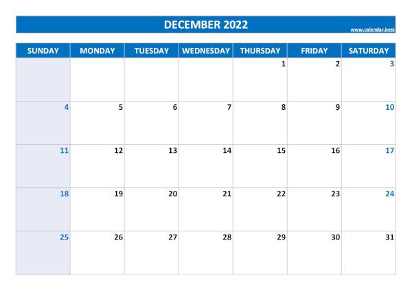 December 2022 printable calendar