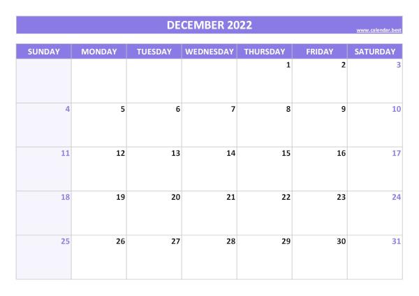 December 2022 printable calendar