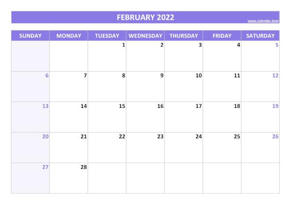 Blank monthly calendar : February 2022