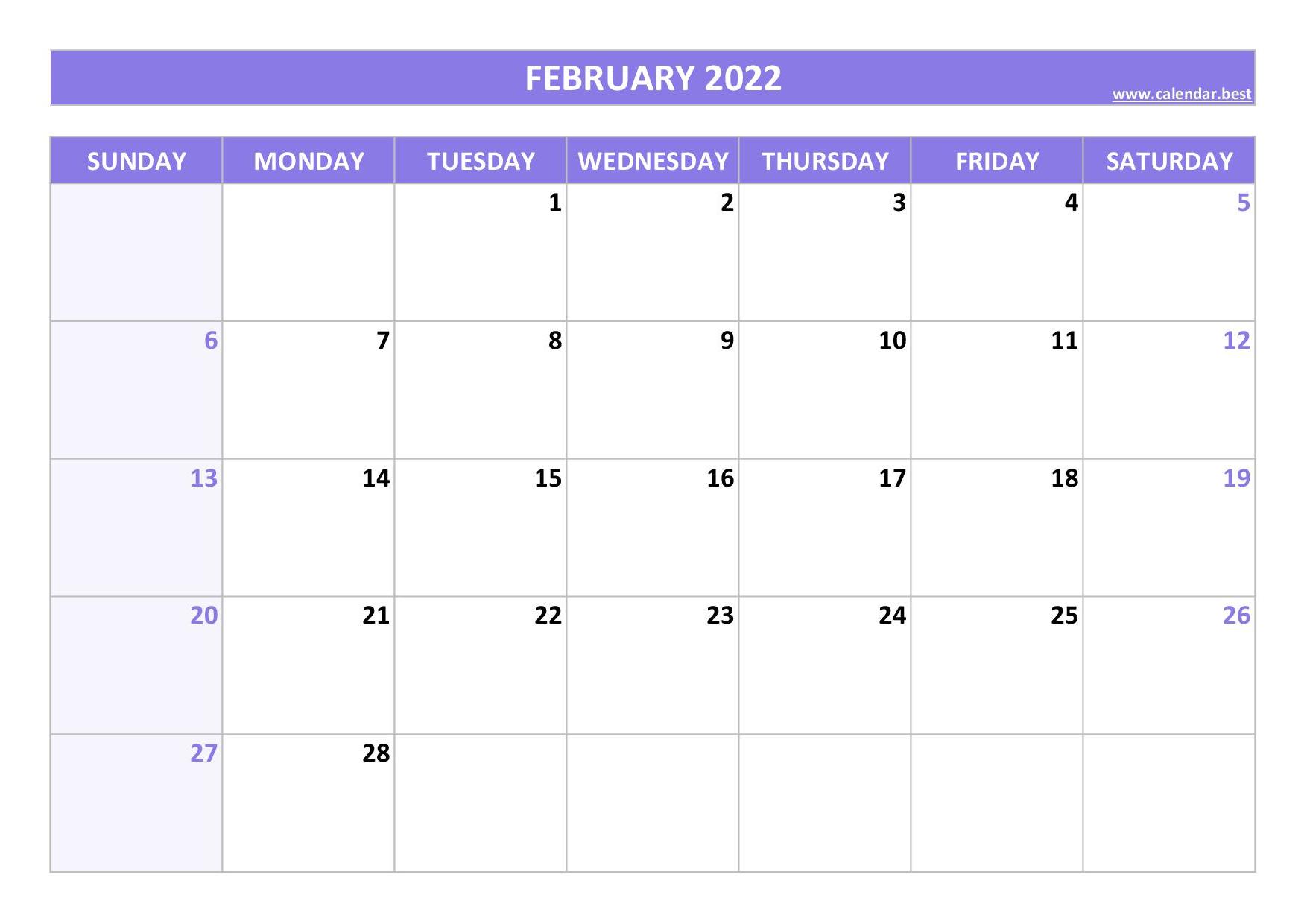 Print Calendar February 2022 February 2022 Calendar -Calendar.best