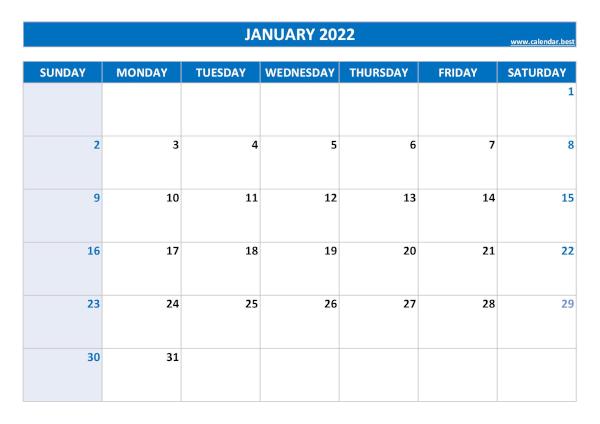 Monthly calendar for the month of January 2022