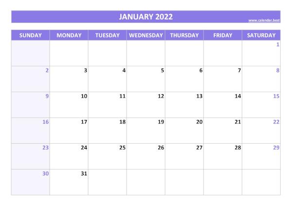 January 2022 calendar printable, free download, purple template January calendar 2022