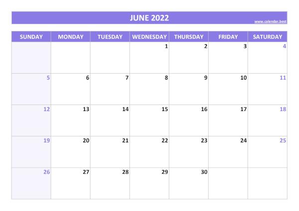 June 2022 printable calendar