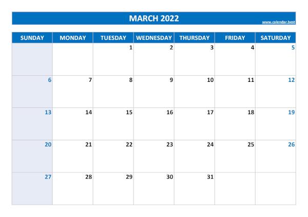 Blank monthly calendar : March 2022
