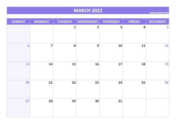 March 2022 calendar printable, free download, purple template March calendar 2022