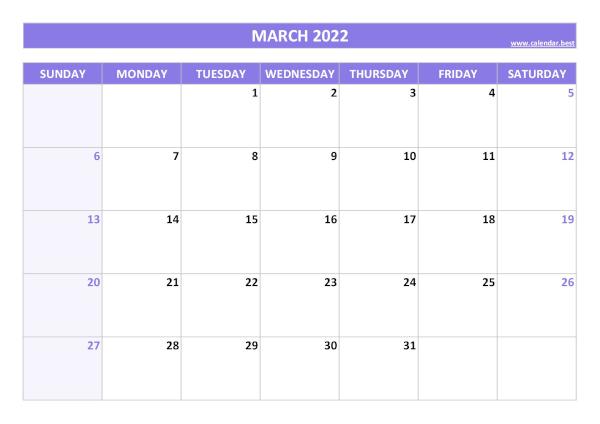 March calendar 2022