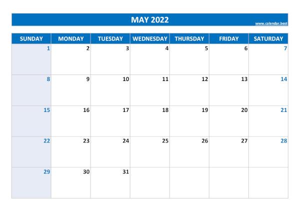 Blank monthly calendar : May 2022