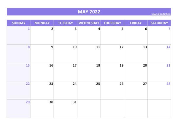 May 2022 calendar printable, free download, purple template May calendar 2022