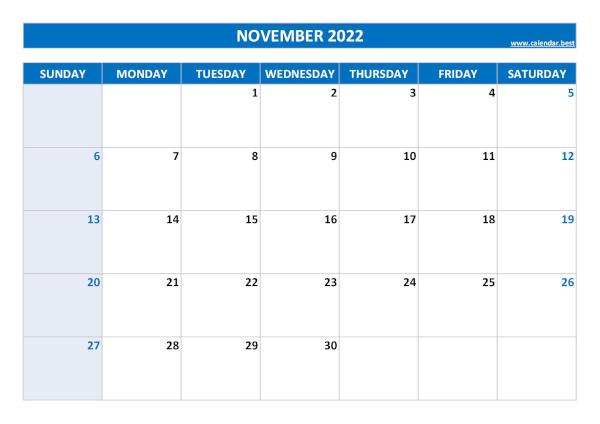 Blank monthly calendar : November 2022