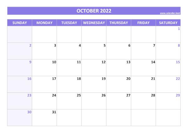 Blank monthly calendar : October 2022