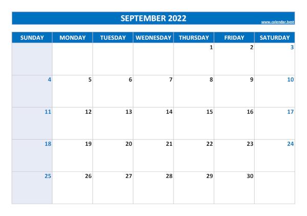 Blank monthly calendar : September 2022