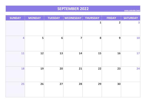 September 2022 calendar printable, free download, purple template September calendar 2022