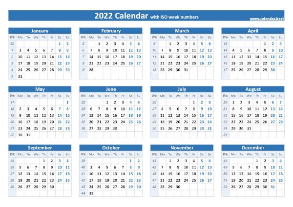 Weeks calendar 2022.