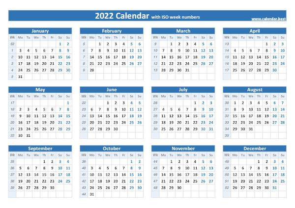 2022 calendar with week numbers.