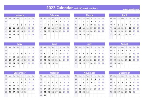 2022 calendar with week numbers.