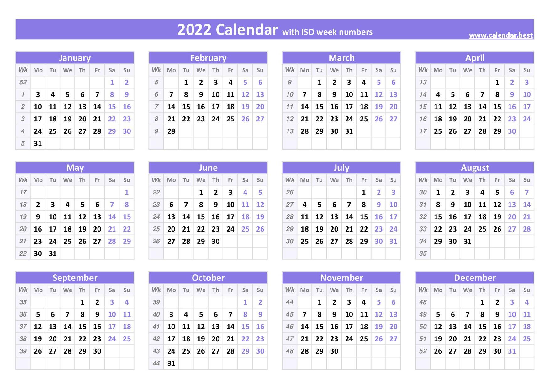 2022 calendar with week numbers (US and ISO week numbers) 2022 calendar with week numbers (US and ISO week numbers)