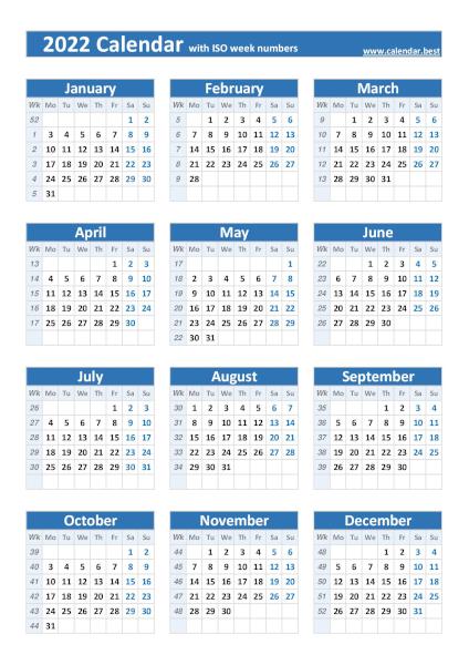 2022 calendar with ISO weeks, blue template