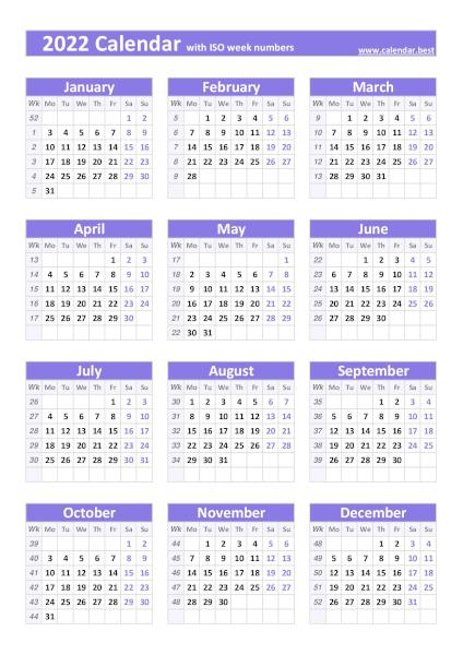 2022 calendar with ISO weeks, purple template