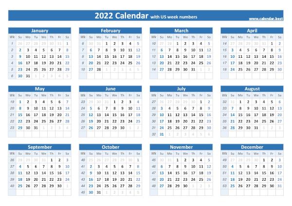 Printable 2022 yearly calendar with US week numbers, free download, landscape A4 version, blue template. 2022 printable calendar with week number.