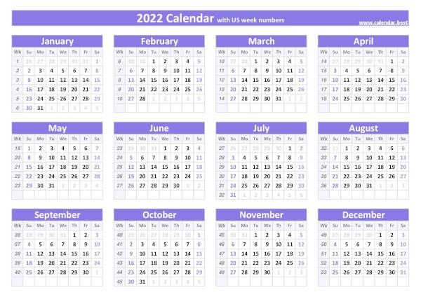 Printable 2022 yearly calendar with week numbers, free dowload in pdf or jpg, purple template. 2022 calendar with holidays