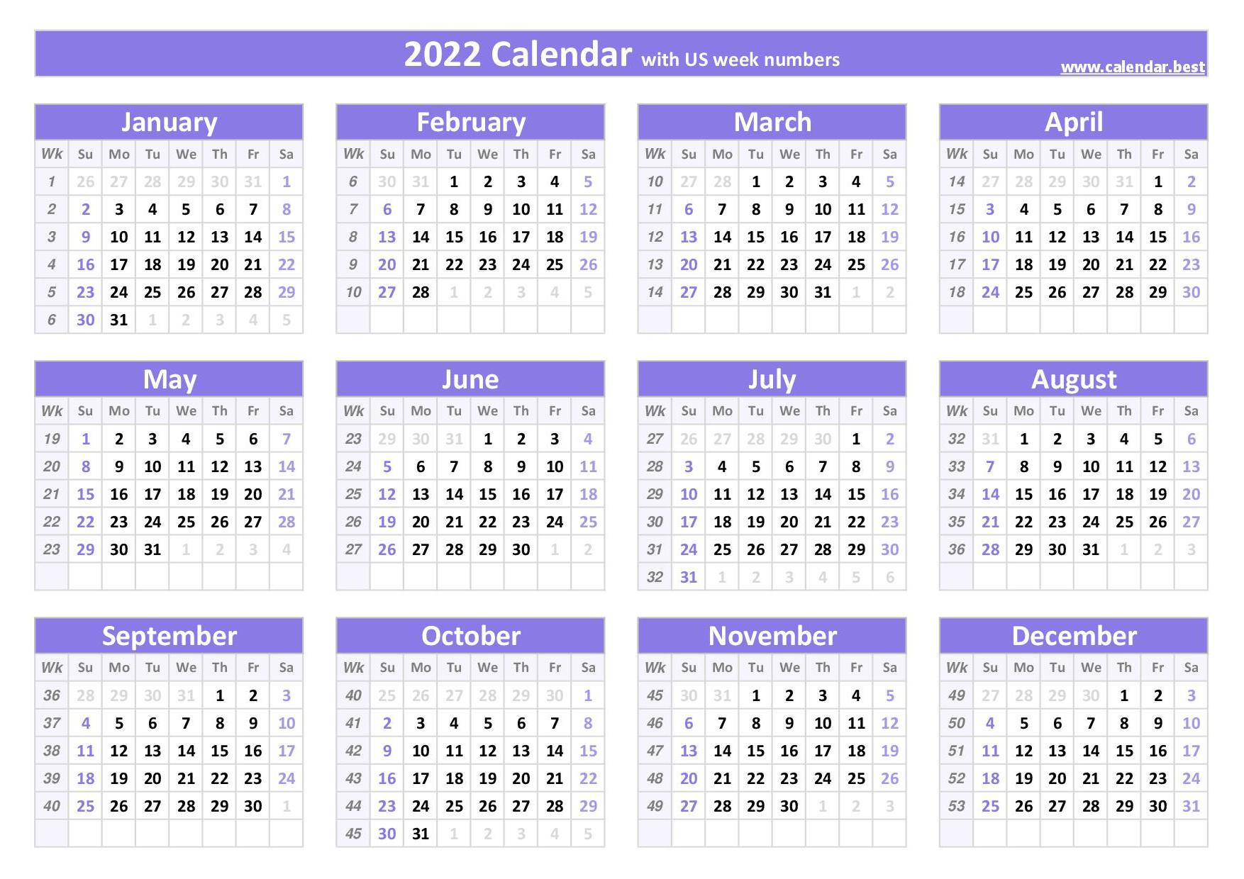 2022 Calendar With Week Numbers US And ISO Week Numbers 