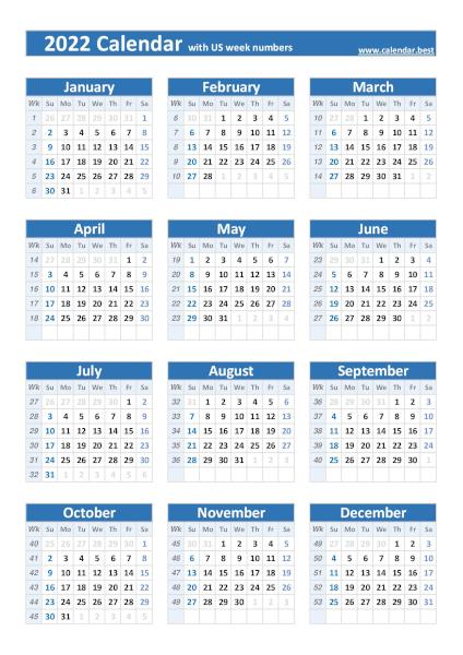 2022 calendar with US weeks, blue template
