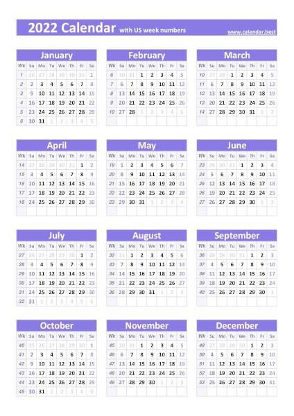 2022 calendar with US weeks, purple template