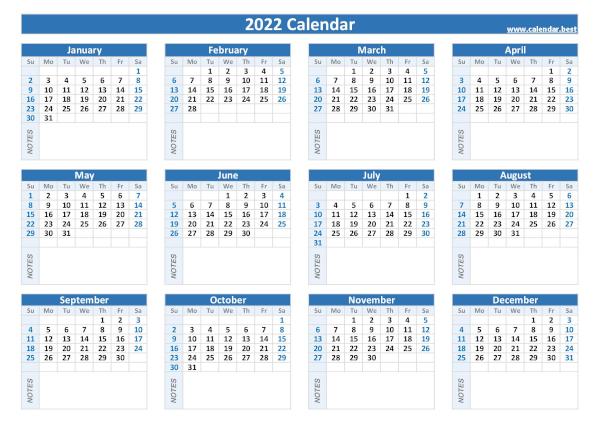 2022 calendar with blank notes