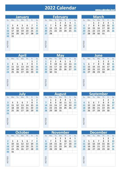 2022 calendar with blank notes