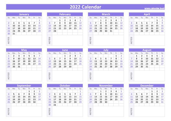 2022 calendar with blank notes