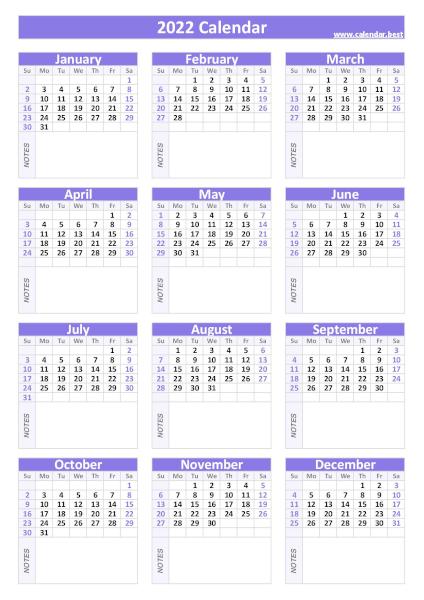 2022 calendar with blank notes