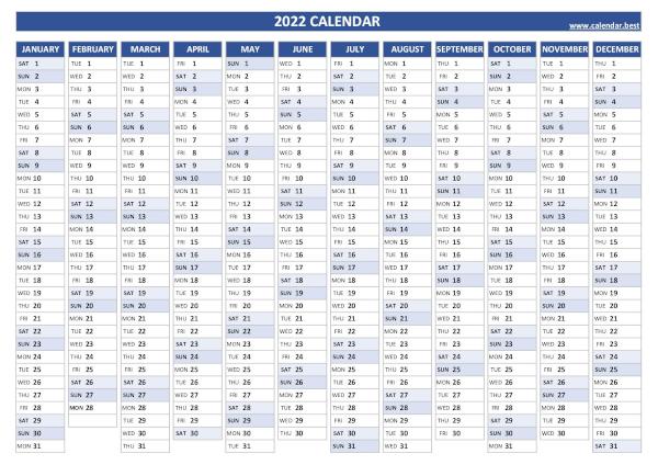 Printable 2022 annual calendar, free dowload in pdf or jpg, blue template. 2022 yearly calendar
