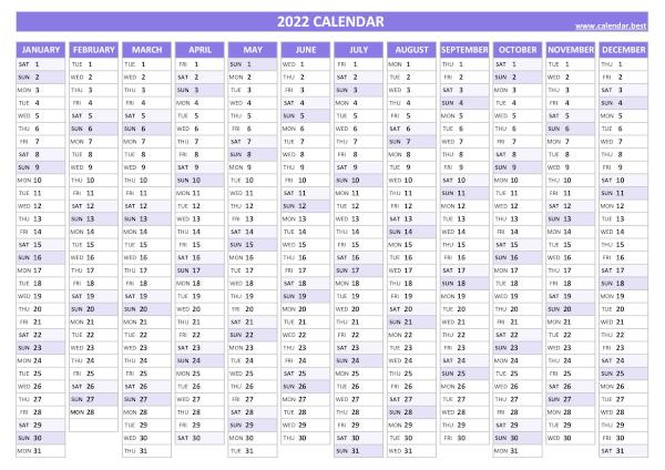 2022 yearly calendar