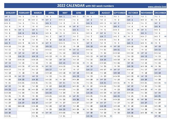 2022 yearly calendar with ISO week numbers