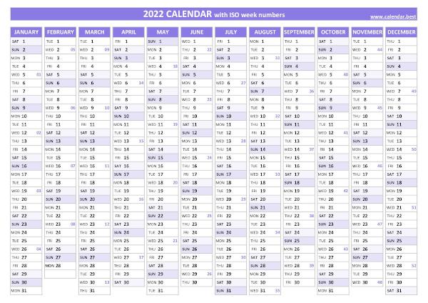 2022 calendar with iso week numbers