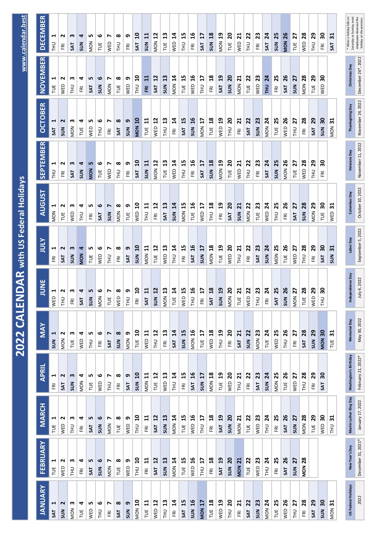Printable 2022 calendar with holidays, free dowload in pdf or jpg, blue template. 2022 yearly calendar with holidays