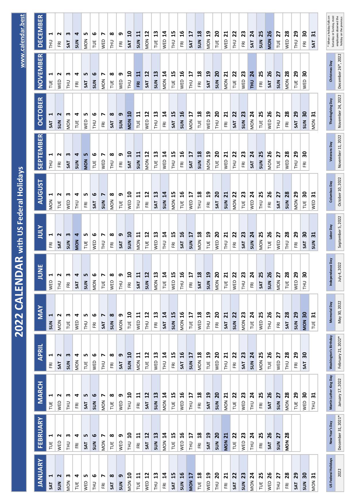 2022 Calendar With Holidays (Us Federal Holidays)