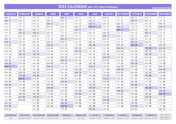 Printable 2022 calendar with holidays, free dowload in pdf or jpg, purple template. 2022 yearly calendar with holidays